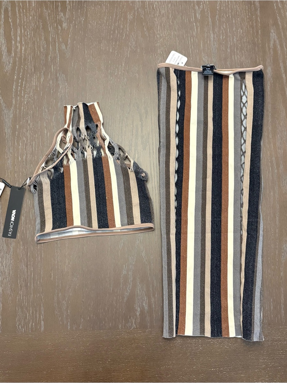 Fashion Nova Women’s Skirt and Halter Top Set Brown Black Cream size S/M NWT